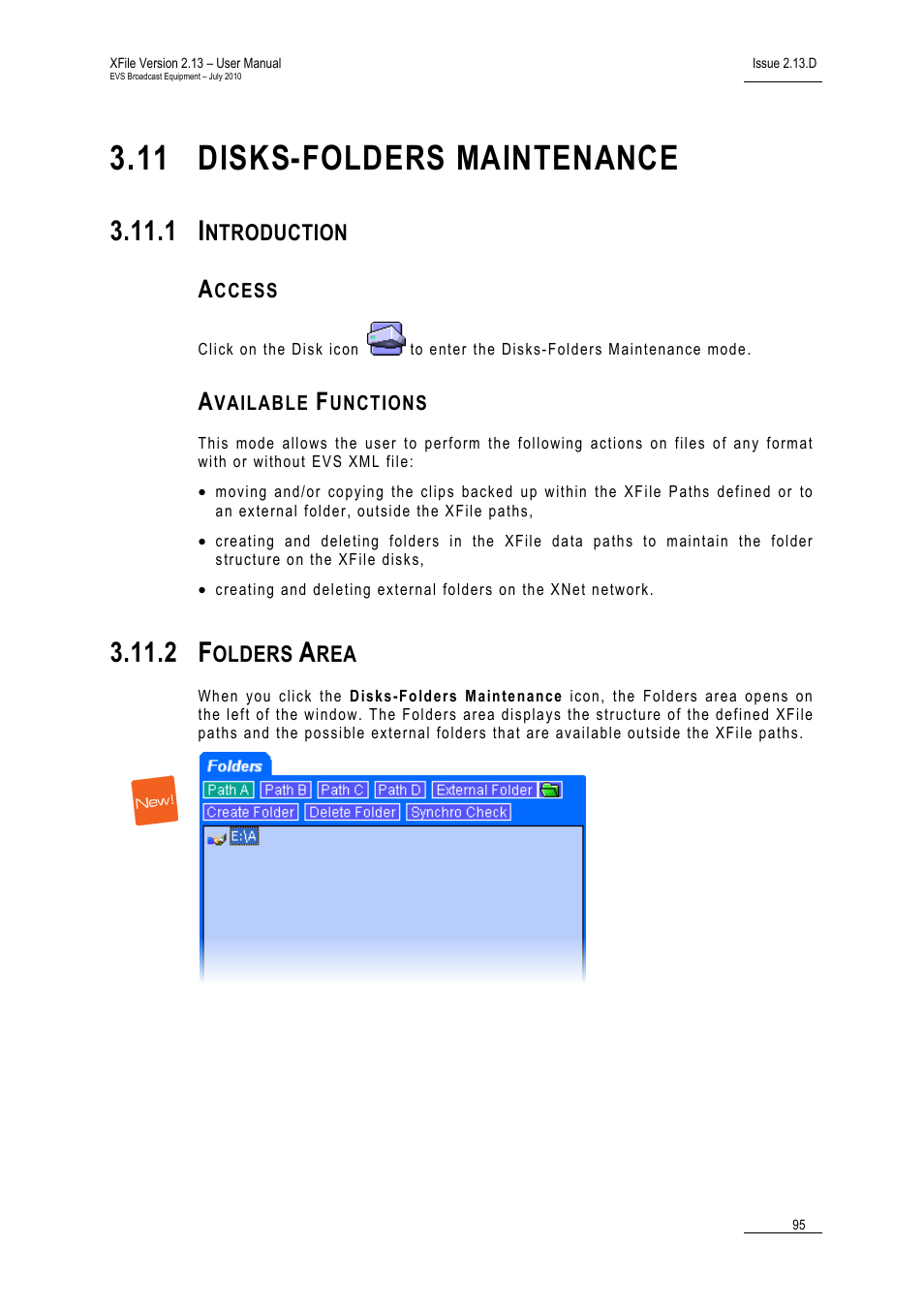 11 disks-folders maintenance, 1 introduction, Access | Available functions, 2 folders area, Disks-folders maintenance, Introduction, Folders area, 11 ‘disks-folders maintenance’, on, Ntroduction | EVS Xfile Version 2.13 - July 2010 User Manual User Manual | Page 104 / 192