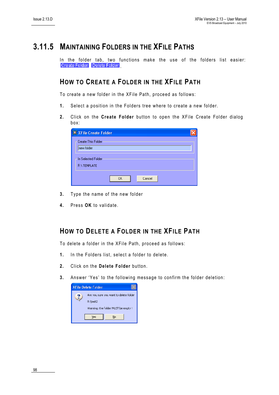 5 maintaining folders in the xfile paths, How to create a folder in the xfile path, How to delete a folder in the xfile path | Maintaining folders in the xfile paths | EVS Xfile Version 2.13 - July 2010 User Manual User Manual | Page 107 / 192