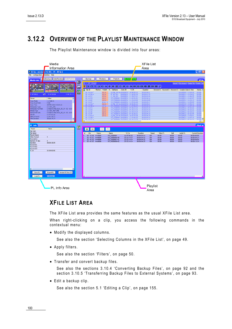 2 overview of the playlist maintenance window, Xfile list area, Overview of the playlist maintenance window | Verview of the, Laylist, Aintenance, Indow | EVS Xfile Version 2.13 - July 2010 User Manual User Manual | Page 109 / 192