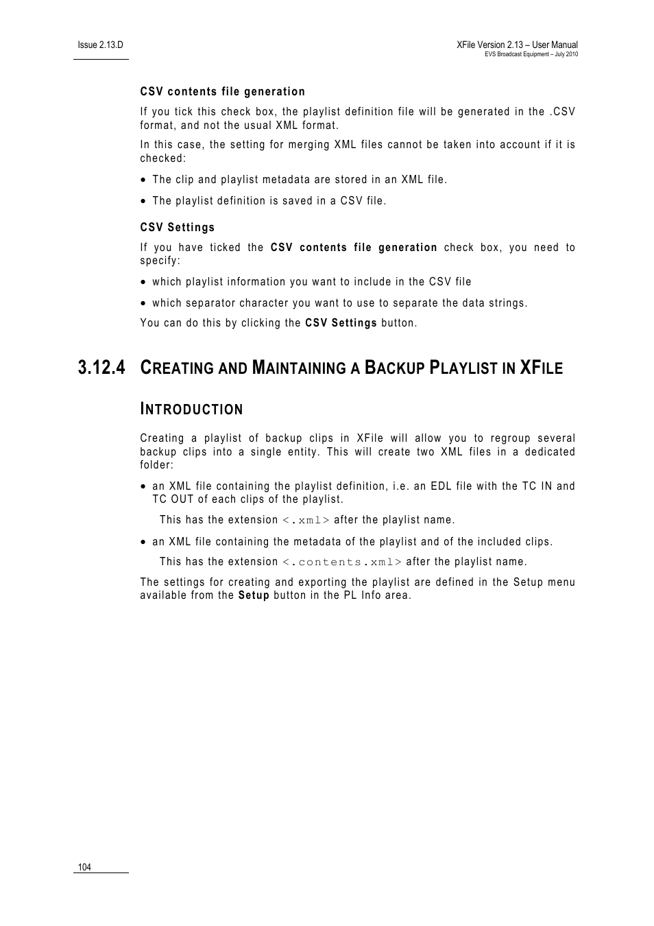 Csv contents file generation, Csv settings, Introduction | Reating and, Aintaining a, Ackup, Laylist in | EVS Xfile Version 2.13 - July 2010 User Manual User Manual | Page 113 / 192