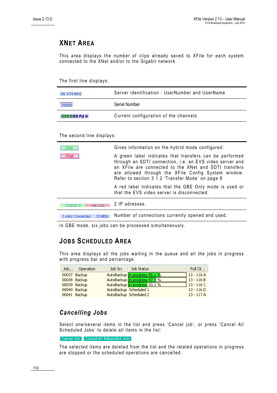 Xnet area, Jobs scheduled area, Cancelling jobs | EVS Xfile Version 2.13 - July 2010 User Manual User Manual | Page 119 / 192