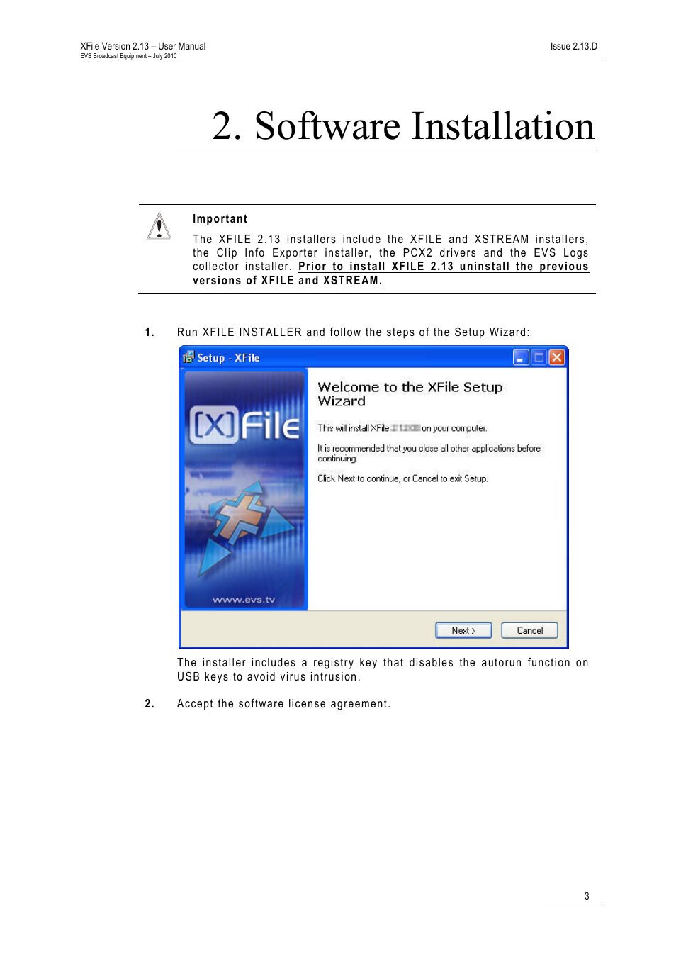 Software installation | EVS Xfile Version 2.13 - July 2010 User Manual User Manual | Page 12 / 192