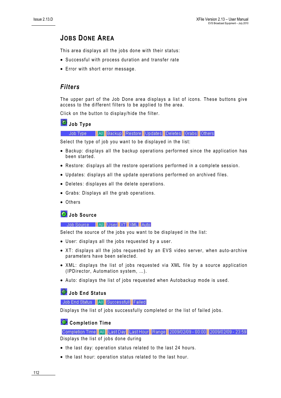 Jobs done area, Filters, Job source | Job end status, Completion time | EVS Xfile Version 2.13 - July 2010 User Manual User Manual | Page 121 / 192