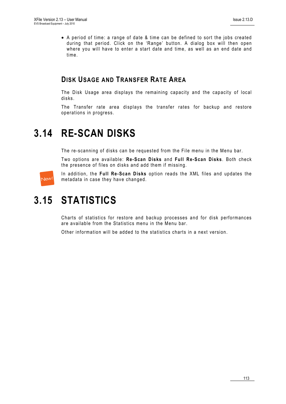 Disk usage and transfer rate area, 14 re-scan disks, 15 statistics | Re-scan disks, Statistics | EVS Xfile Version 2.13 - July 2010 User Manual User Manual | Page 122 / 192