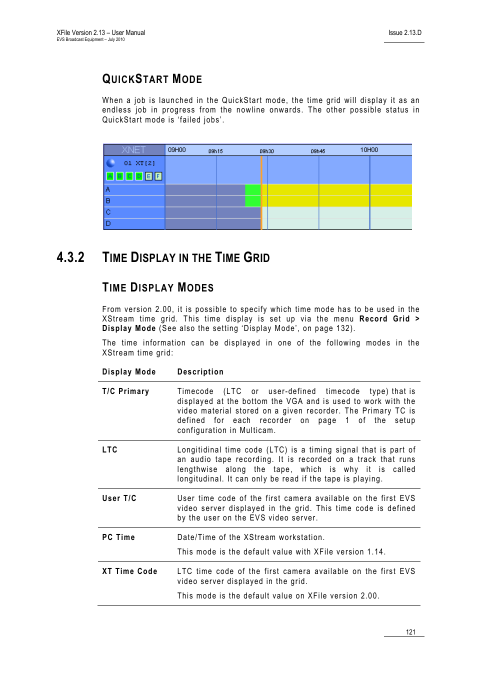 Quickstart mode, 2 time display in the time grid, Time display modes | Time display in the time grid, Isplay in the | EVS Xfile Version 2.13 - July 2010 User Manual User Manual | Page 130 / 192