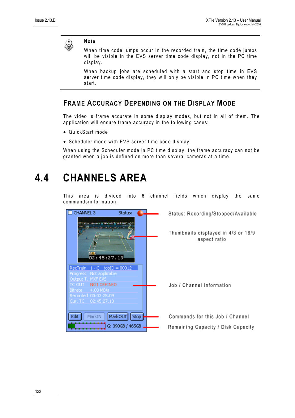 Frame accuracy depending on the display mode, 4 channels area, Channels area | EVS Xfile Version 2.13 - July 2010 User Manual User Manual | Page 131 / 192