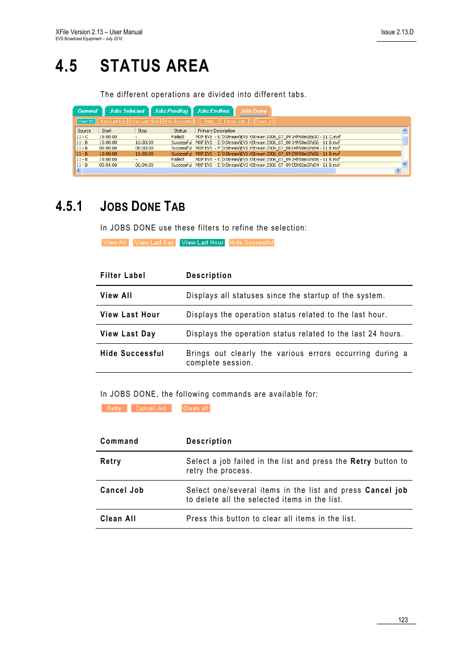 5 status area, 1 jobs done tab, Status area | Jobs done tab | EVS Xfile Version 2.13 - July 2010 User Manual User Manual | Page 132 / 192