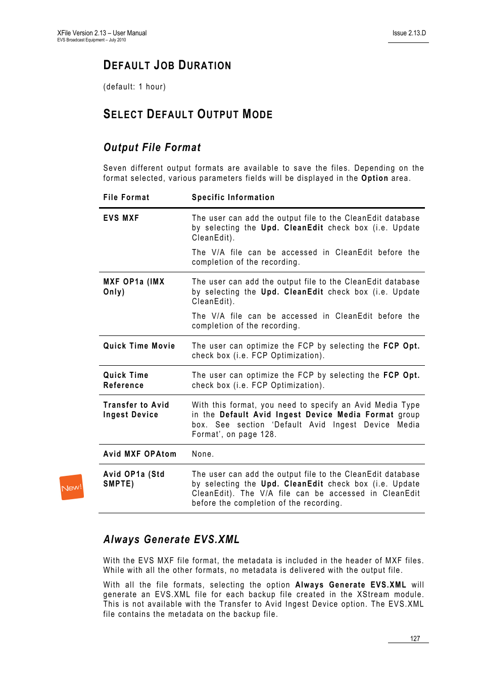 Default job duration, Select default output mode, Output file format | Always generate evs.xml | EVS Xfile Version 2.13 - July 2010 User Manual User Manual | Page 136 / 192