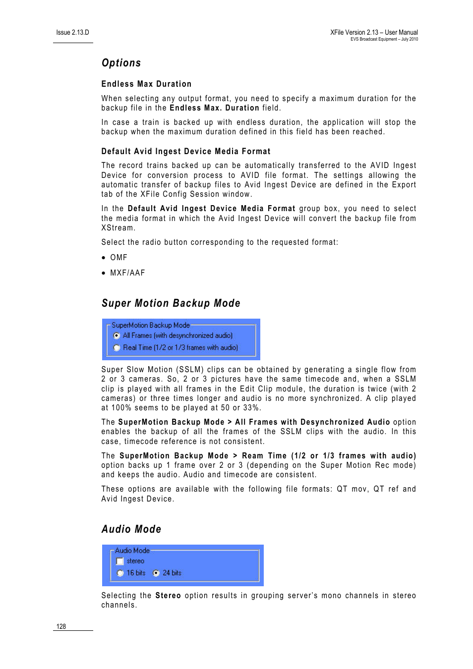 Options, Endless max duration, Default avid ingest device media format | Super motion backup mode, Audio mode | EVS Xfile Version 2.13 - July 2010 User Manual User Manual | Page 137 / 192