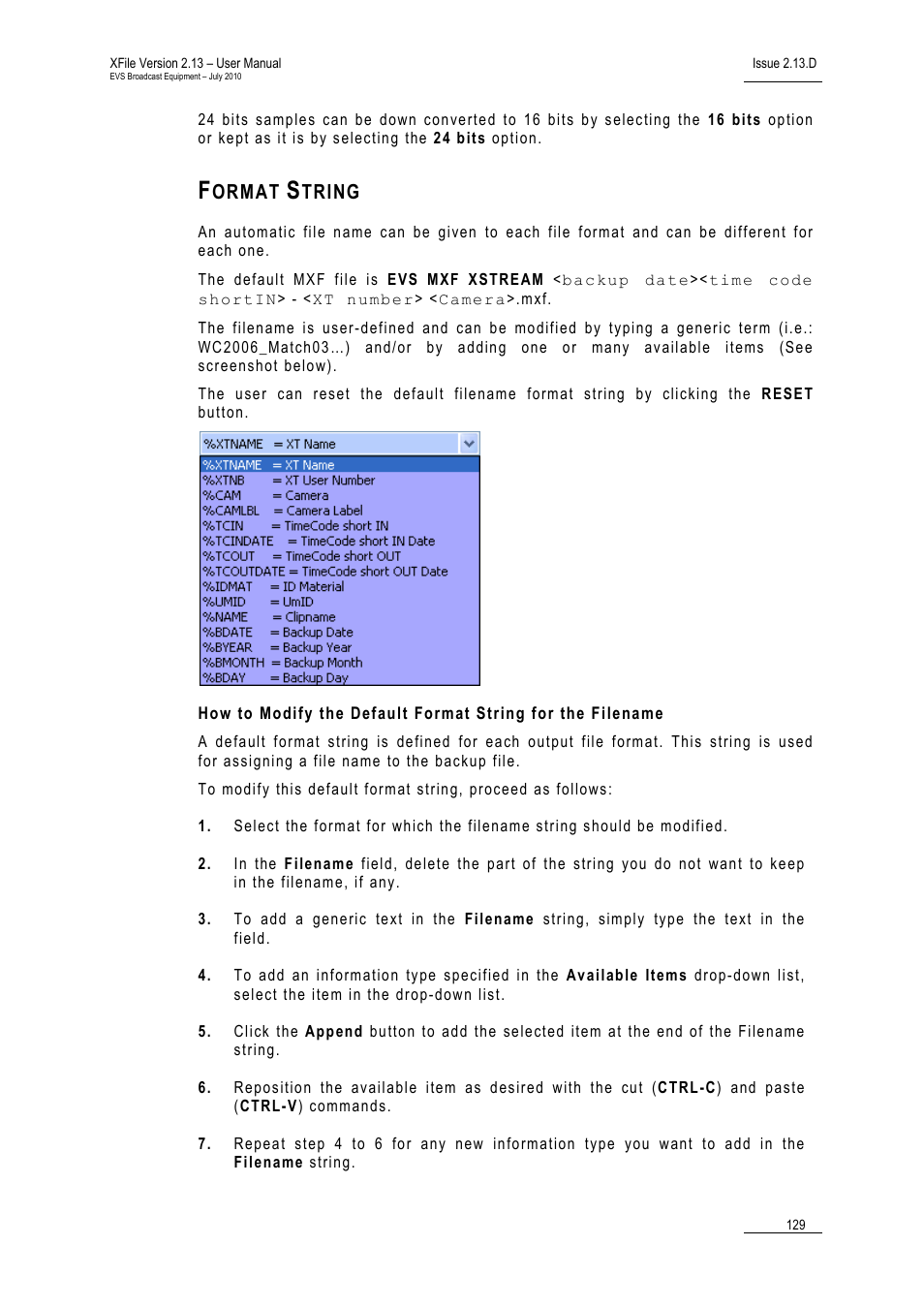 Format string, Ormat, Tring | EVS Xfile Version 2.13 - July 2010 User Manual User Manual | Page 138 / 192