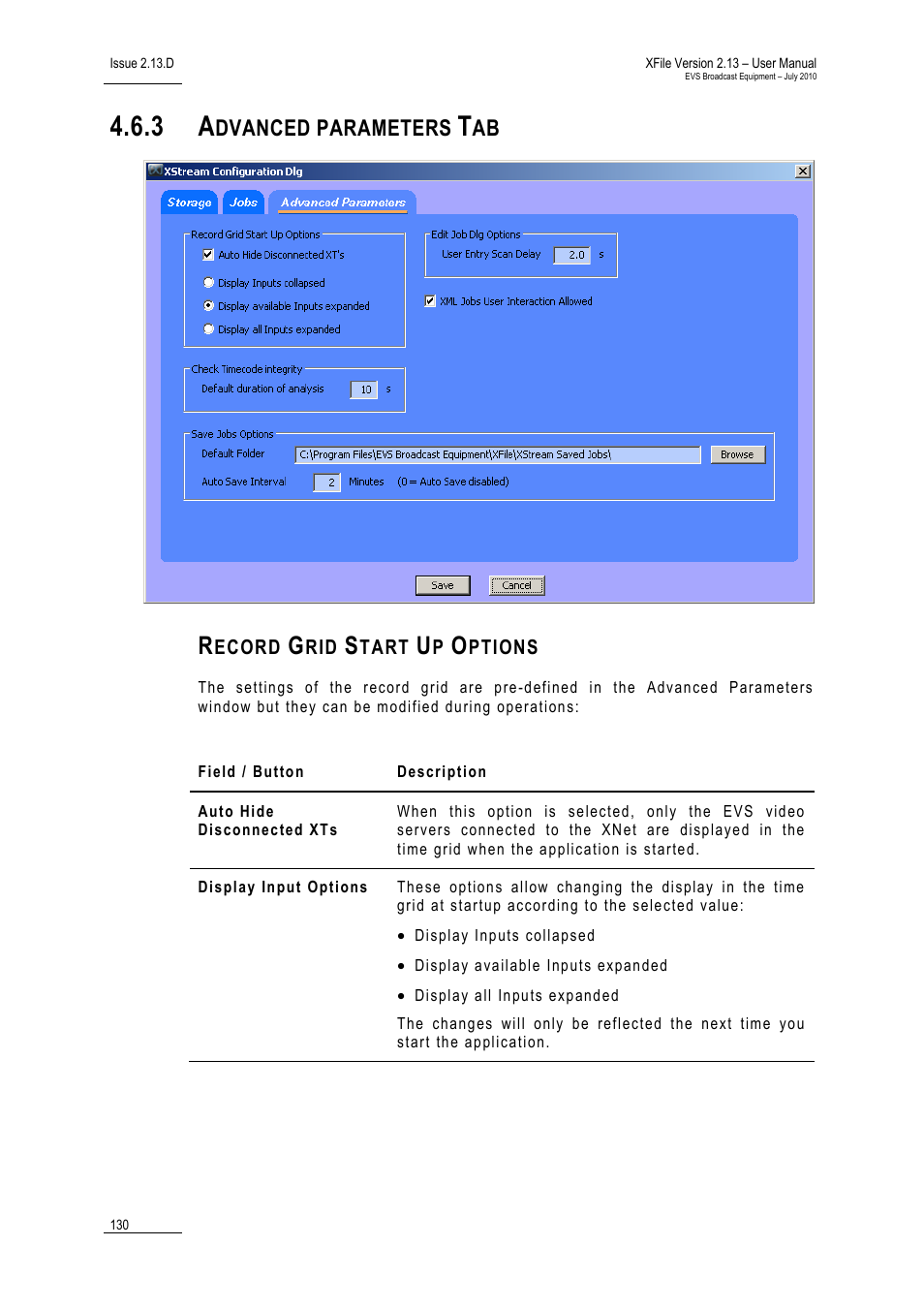 3 advanced parameters tab, Record grid start up options, Advanced parameters tab | Dvanced parameters | EVS Xfile Version 2.13 - July 2010 User Manual User Manual | Page 139 / 192