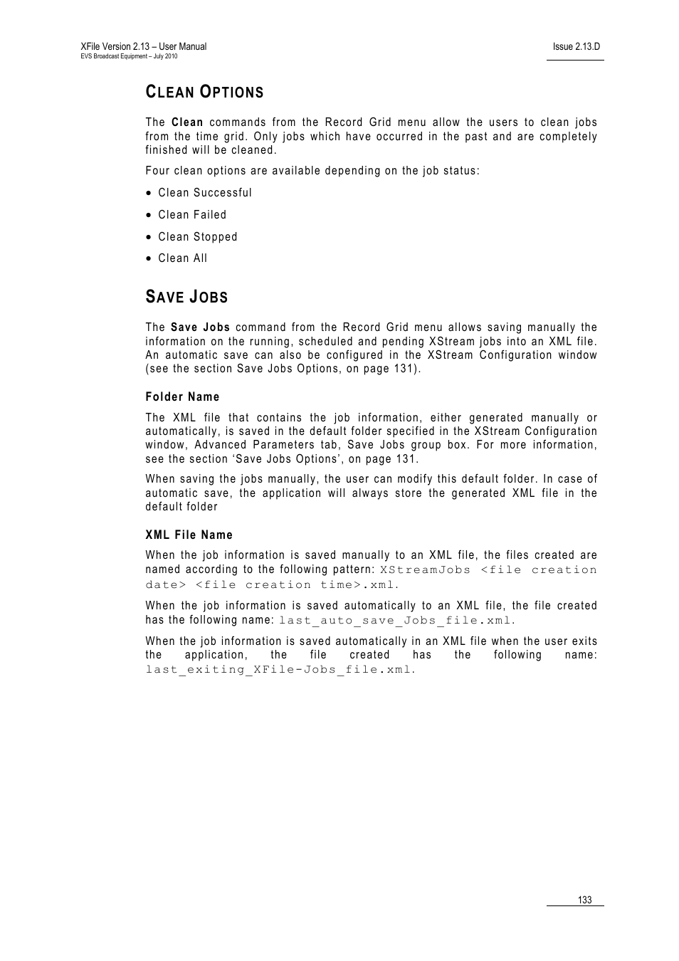 Clean options, Save jobs, Folder name | Xml file name, Save jobs’, o | EVS Xfile Version 2.13 - July 2010 User Manual User Manual | Page 142 / 192