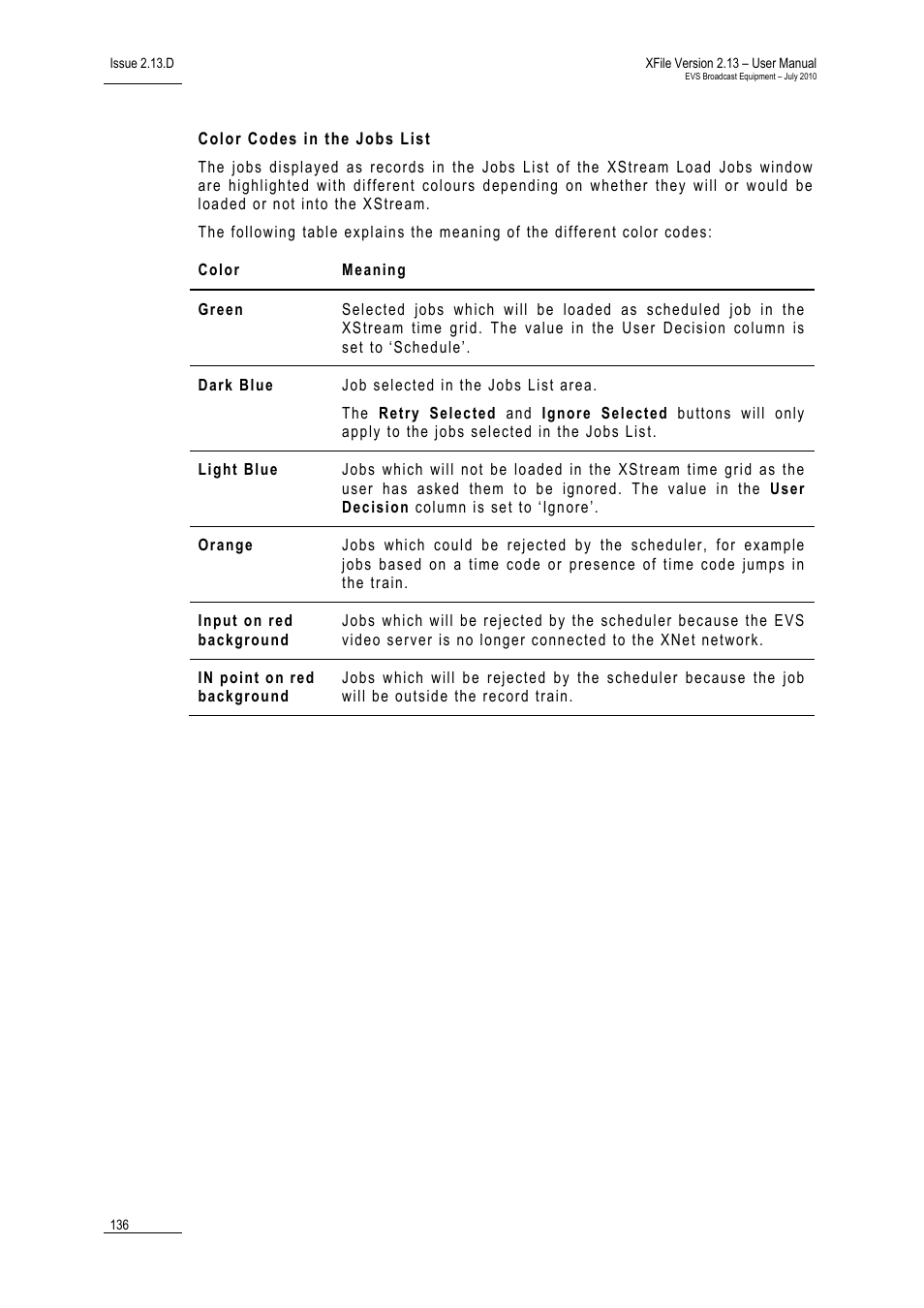 Color codes in the jobs list | EVS Xfile Version 2.13 - July 2010 User Manual User Manual | Page 145 / 192