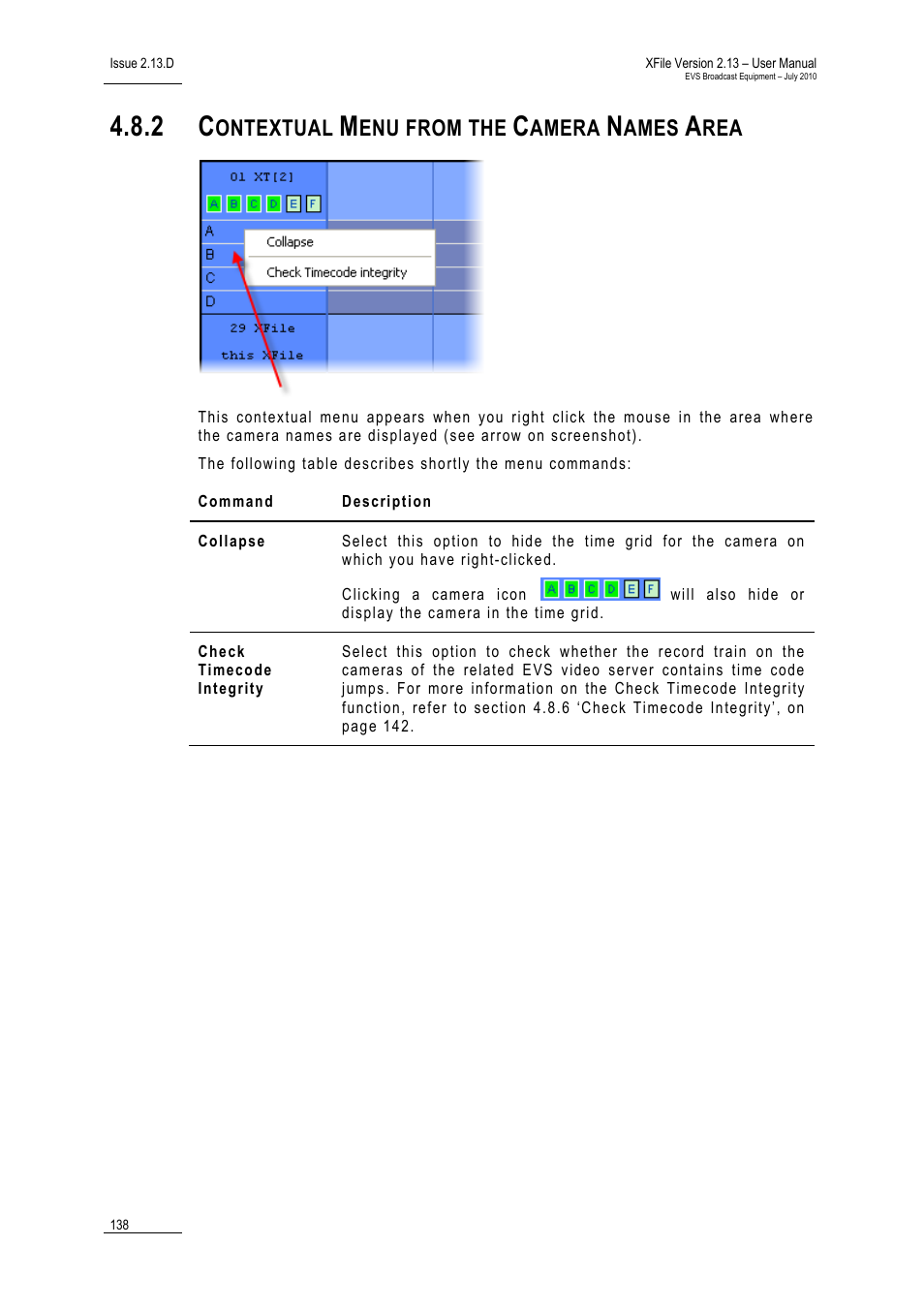 2 contextual menu from the camera names area, Contextual menu from the camera names area, Ontextual | Enu from the, Amera, Ames | EVS Xfile Version 2.13 - July 2010 User Manual User Manual | Page 147 / 192