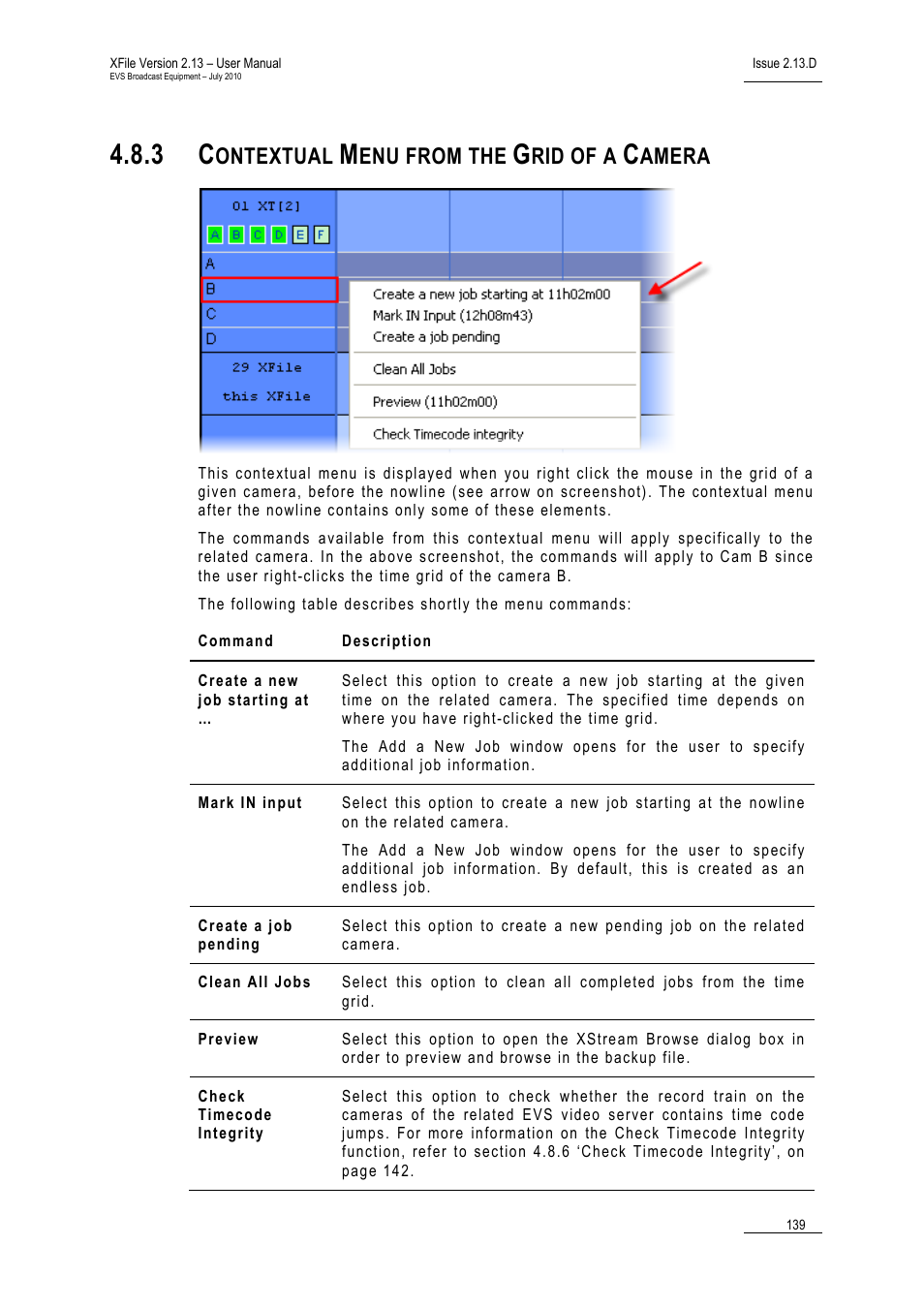 3 contextual menu from the grid of a camera, Contextual menu from the grid of a camera, Ontextual | Enu from the, Rid of a, Amera | EVS Xfile Version 2.13 - July 2010 User Manual User Manual | Page 148 / 192