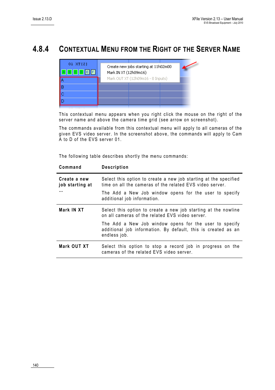 Contextual menu from the right of the server name, Ontextual, Enu from the | Ight of the, Erver | EVS Xfile Version 2.13 - July 2010 User Manual User Manual | Page 149 / 192