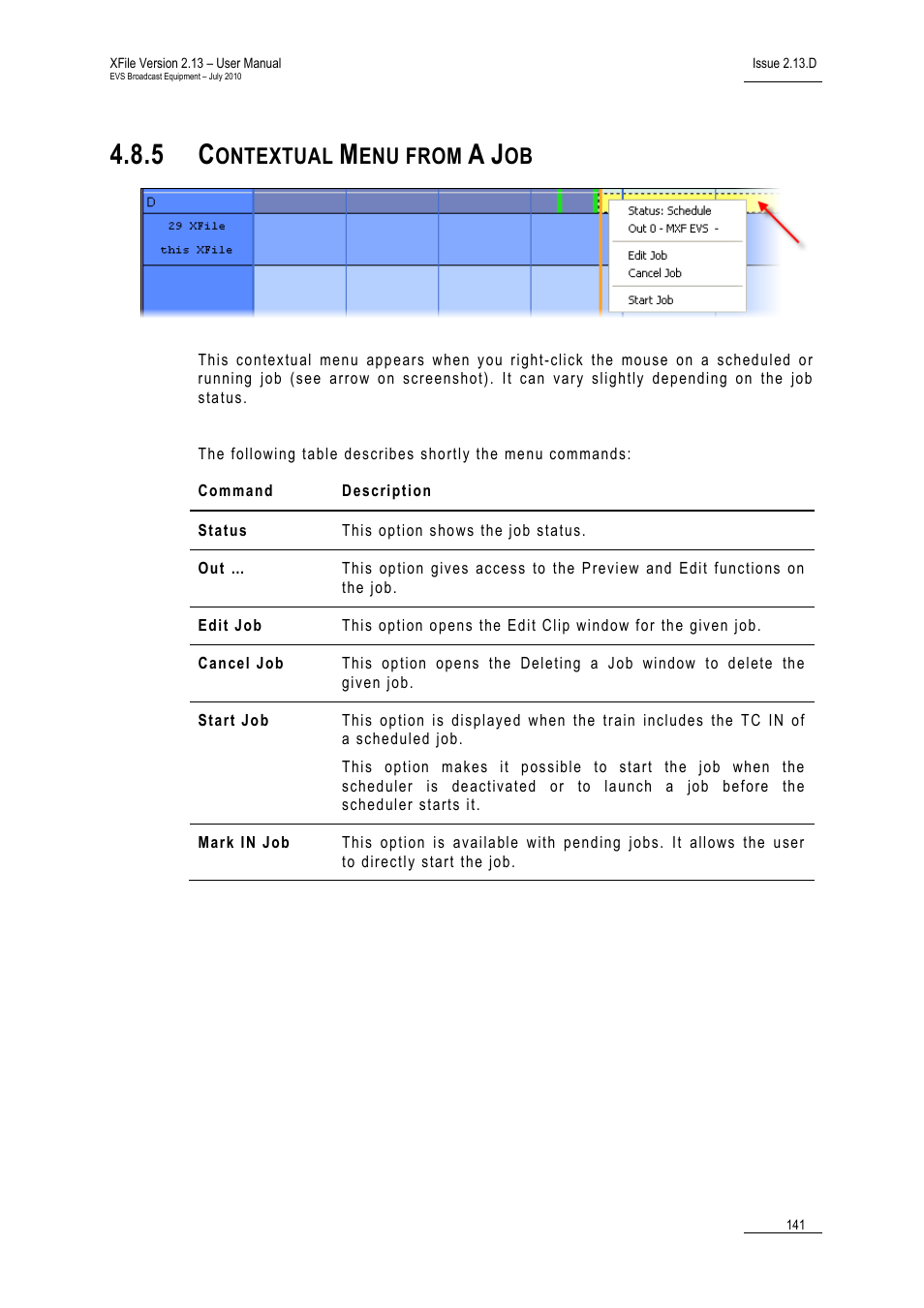 5 contextual menu from a job, Contextual menu from a job, Ontextual | Enu from | EVS Xfile Version 2.13 - July 2010 User Manual User Manual | Page 150 / 192