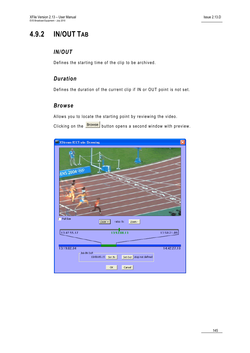 2 in/out tab, In/out, Duration | Browse, In/out tab, 2 in/out | EVS Xfile Version 2.13 - July 2010 User Manual User Manual | Page 154 / 192