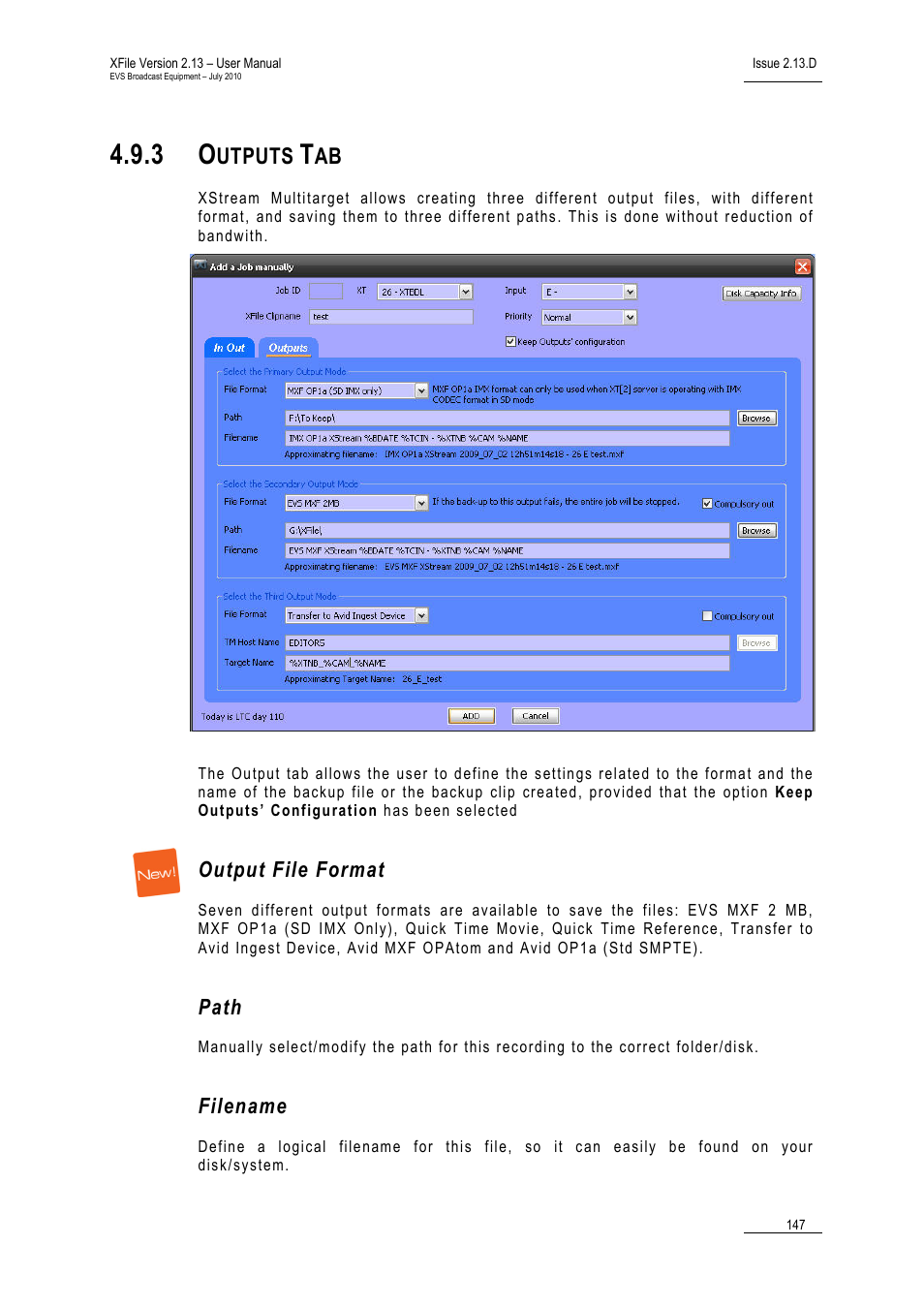 3 outputs tab, Output file format, Path | Filename, Outputs tab, Outputs tab / output file format, Utputs | EVS Xfile Version 2.13 - July 2010 User Manual User Manual | Page 156 / 192