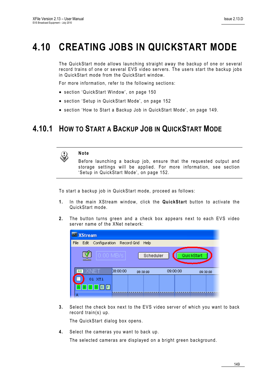 10 creating jobs in quickstart mode, 1 how to start a backup job in quickstart mode, Creating jobs in quickstart mode | How to start a backup job in quickstart mode, Ow to, Tart a, Ackup, Ob in, Uick, Tart | EVS Xfile Version 2.13 - July 2010 User Manual User Manual | Page 158 / 192