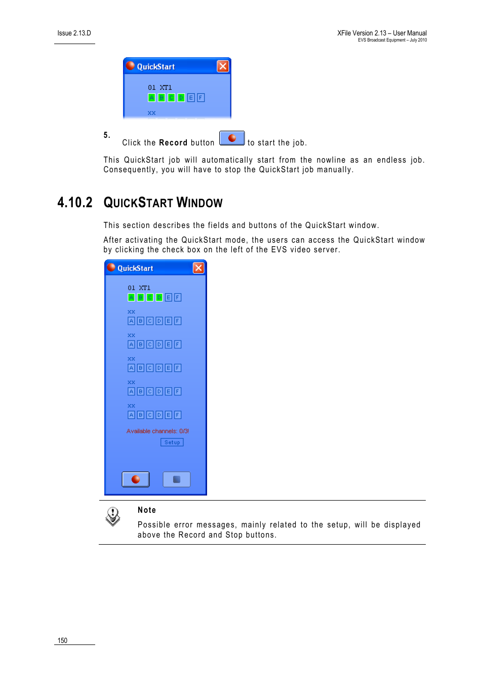 2 quickstart window, Quickstart window, Uick | Tart, Indow | EVS Xfile Version 2.13 - July 2010 User Manual User Manual | Page 159 / 192