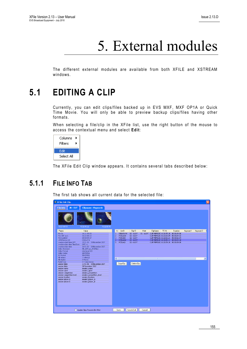 External modules, 1 editing a clip, 1 file info tab | Editing a clip, File info tab, 1 ‘editing a clip | EVS Xfile Version 2.13 - July 2010 User Manual User Manual | Page 164 / 192