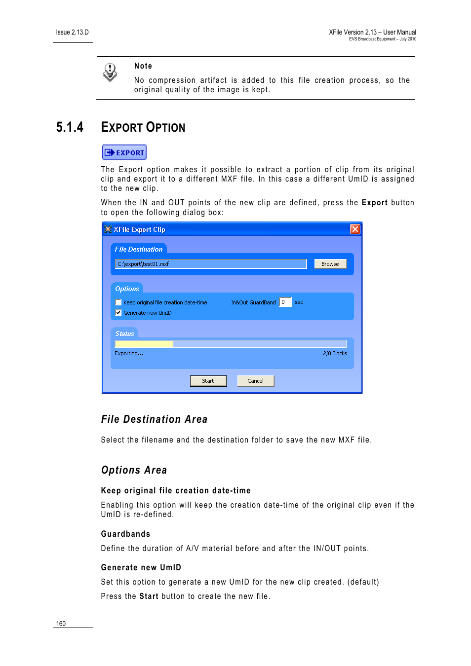 4 export option, File destination area, Options area | Keep original file creation date-time, Guardbands, Generate new umid, Export option, Xport, Ption | EVS Xfile Version 2.13 - July 2010 User Manual User Manual | Page 169 / 192