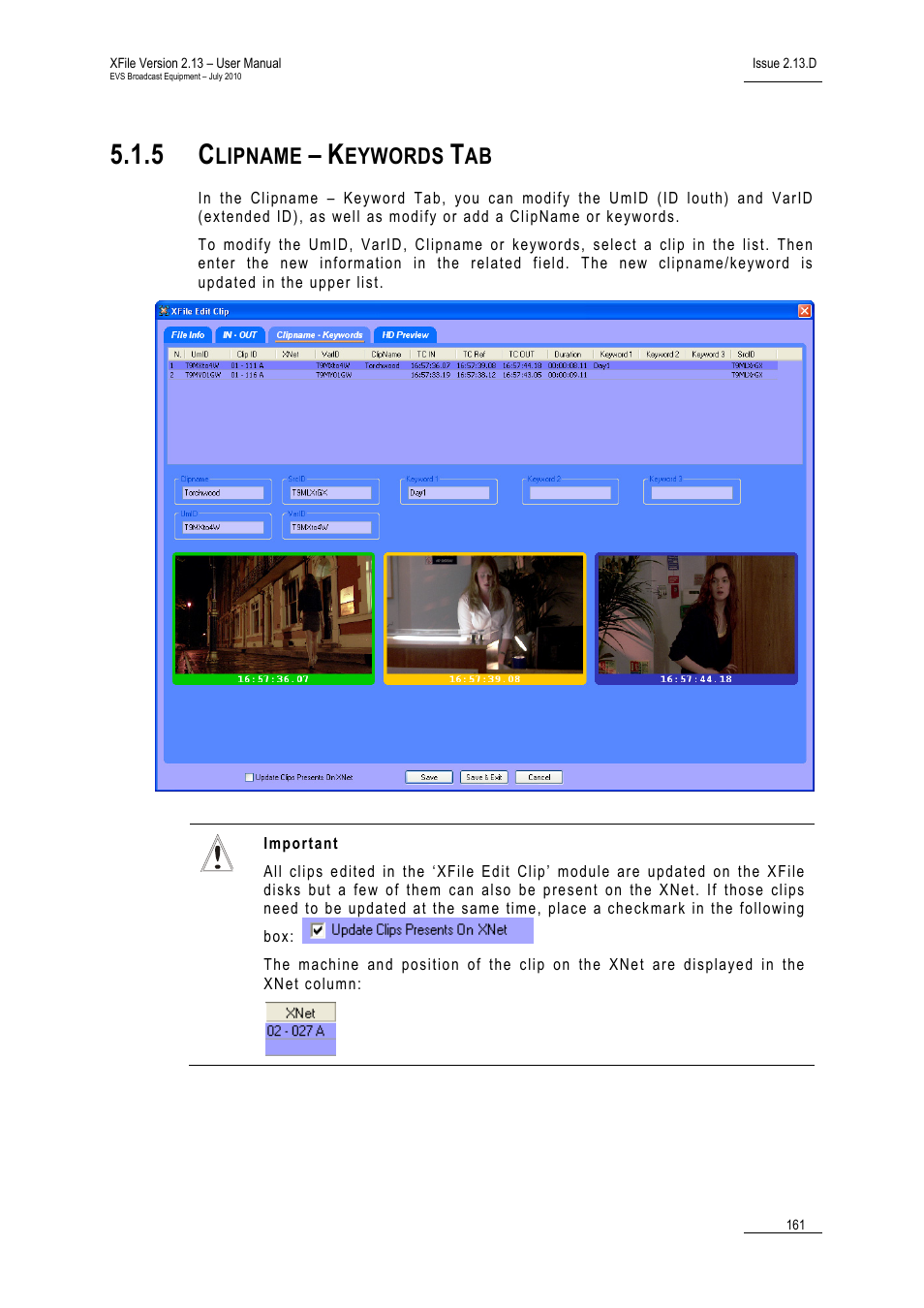 5 clipname – keywords tab, Clipname – keywords tab, Lipname | Eywords | EVS Xfile Version 2.13 - July 2010 User Manual User Manual | Page 170 / 192