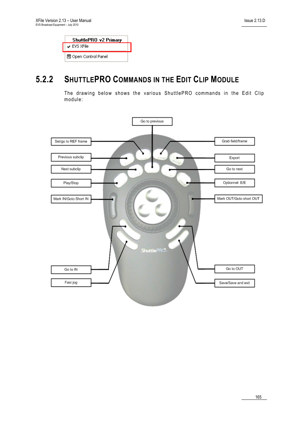 2 shuttlepro commands in the edit clip module, Shuttlepro commands in the edit clip module | EVS Xfile Version 2.13 - July 2010 User Manual User Manual | Page 174 / 192