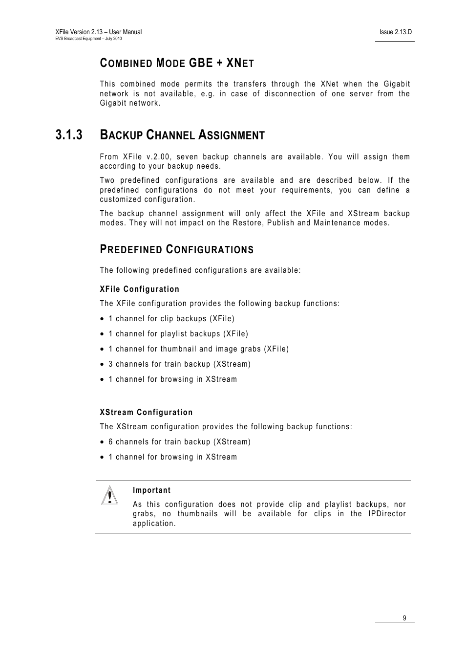 Combined mode gbe + xnet, 3 backup channel assignment, Predefined configurations | Xfile configuration, Xstream configuration, Backup channel assignment, Ackup, Hannel, Ssignment | EVS Xfile Version 2.13 - July 2010 User Manual User Manual | Page 18 / 192