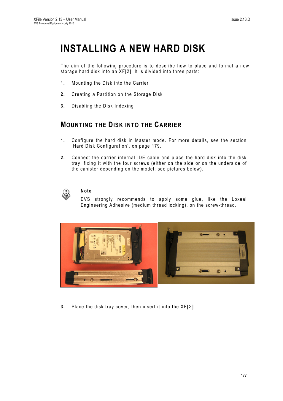 Mounting the disk into the carrier, Installing a new hard disk | EVS Xfile Version 2.13 - July 2010 User Manual User Manual | Page 186 / 192