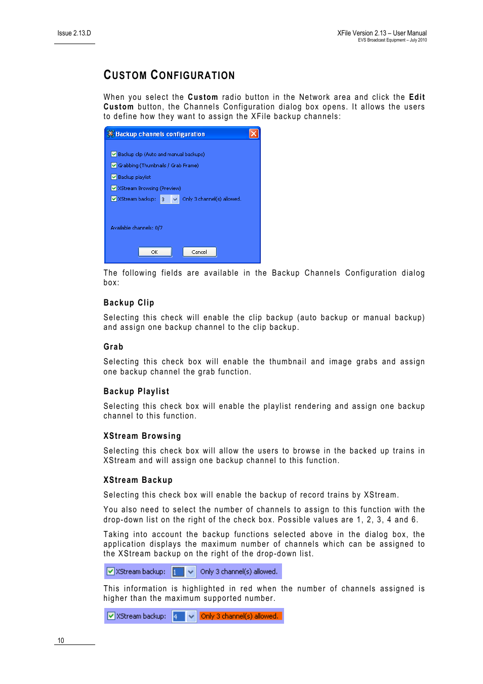 Custom configuration, Backup clip, Grab | Backup playlist, Xstream browsing, Xstream backup, Ustom, Onfiguration | EVS Xfile Version 2.13 - July 2010 User Manual User Manual | Page 19 / 192