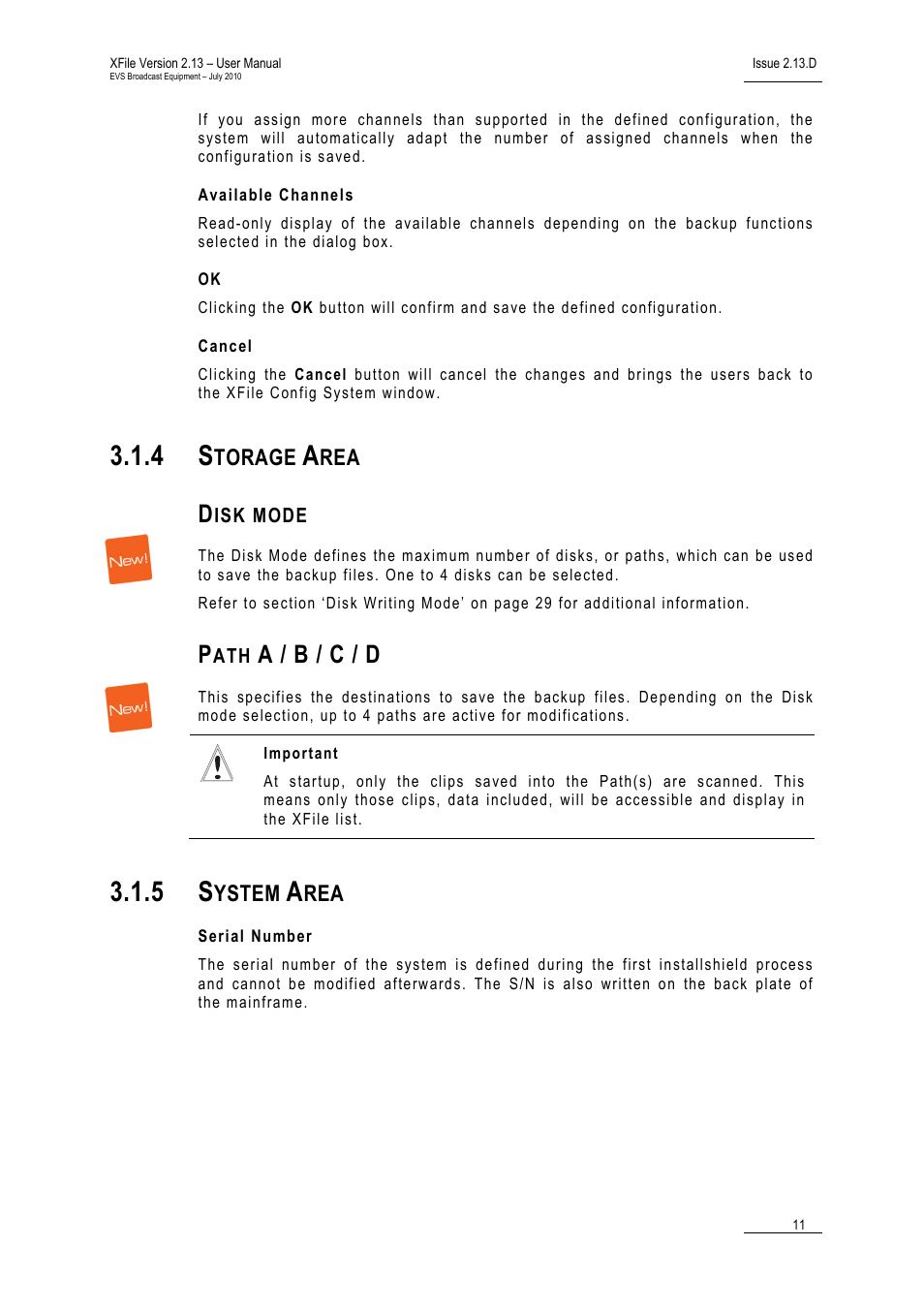 Available channels, Cancel, 4 storage area | Disk mode, Path a / b / c / d, 5 system area, Serial number, Storage area, System area | EVS Xfile Version 2.13 - July 2010 User Manual User Manual | Page 20 / 192