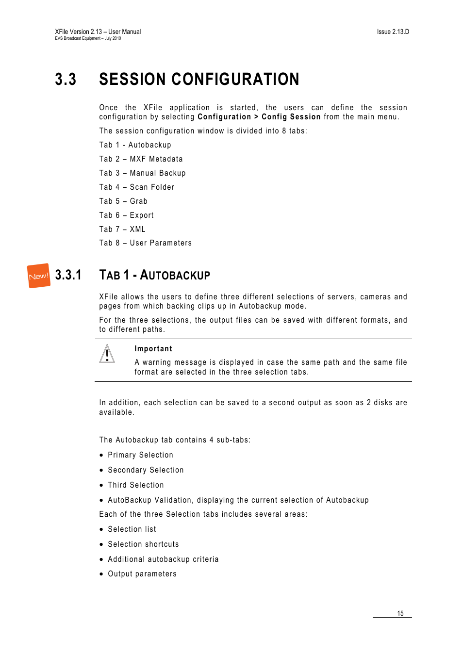 3 session configuration, 1 tab 1 - autobackup, Session configuration | Tab 1 - autobackup, Utobackup | EVS Xfile Version 2.13 - July 2010 User Manual User Manual | Page 24 / 192