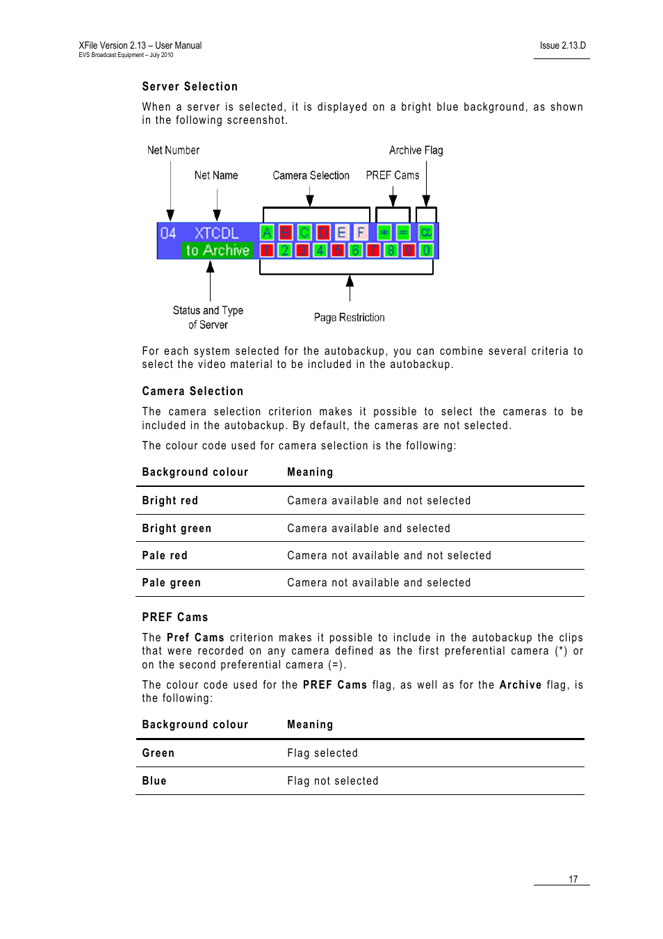 Server selection, Camera selection, Pref cams | EVS Xfile Version 2.13 - July 2010 User Manual User Manual | Page 26 / 192