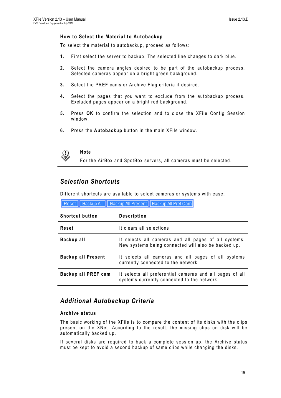 How to select the material to autobackup, Selection shortcuts, Additional autobackup criteria | Archive status | EVS Xfile Version 2.13 - July 2010 User Manual User Manual | Page 28 / 192