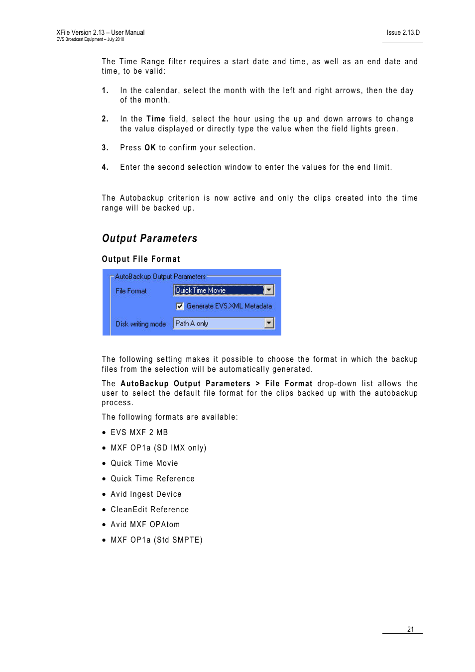 Output parameters, Output file format | EVS Xfile Version 2.13 - July 2010 User Manual User Manual | Page 30 / 192