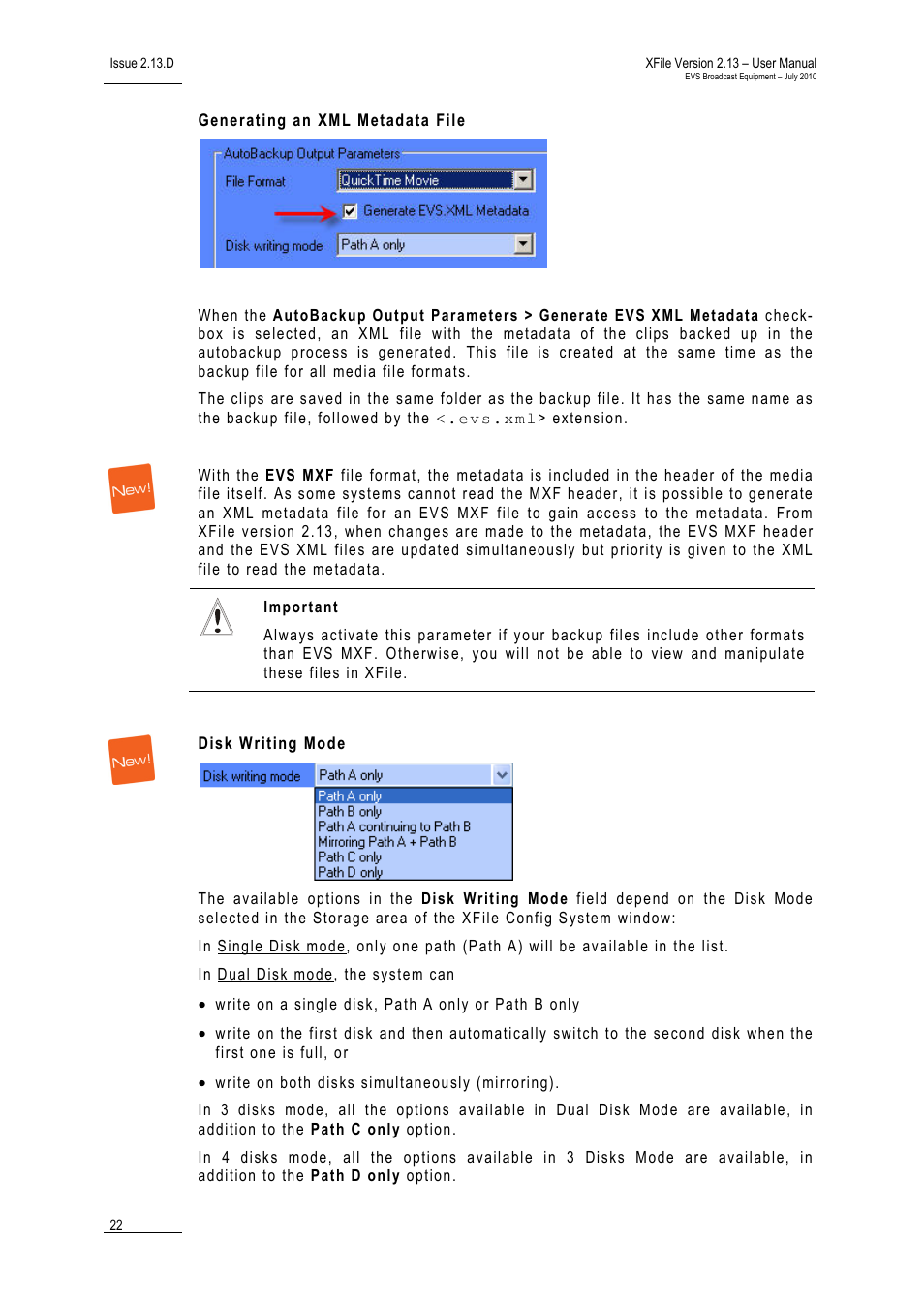 Generating an xml metadata file, Disk writing mode | EVS Xfile Version 2.13 - July 2010 User Manual User Manual | Page 31 / 192