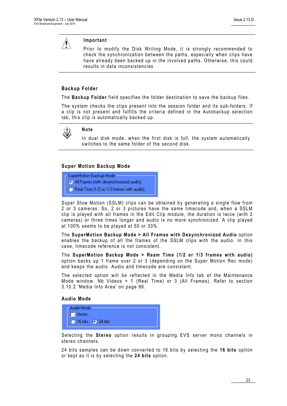 Backup folder, Super motion backup mode, Audio mode | EVS Xfile Version 2.13 - July 2010 User Manual User Manual | Page 32 / 192