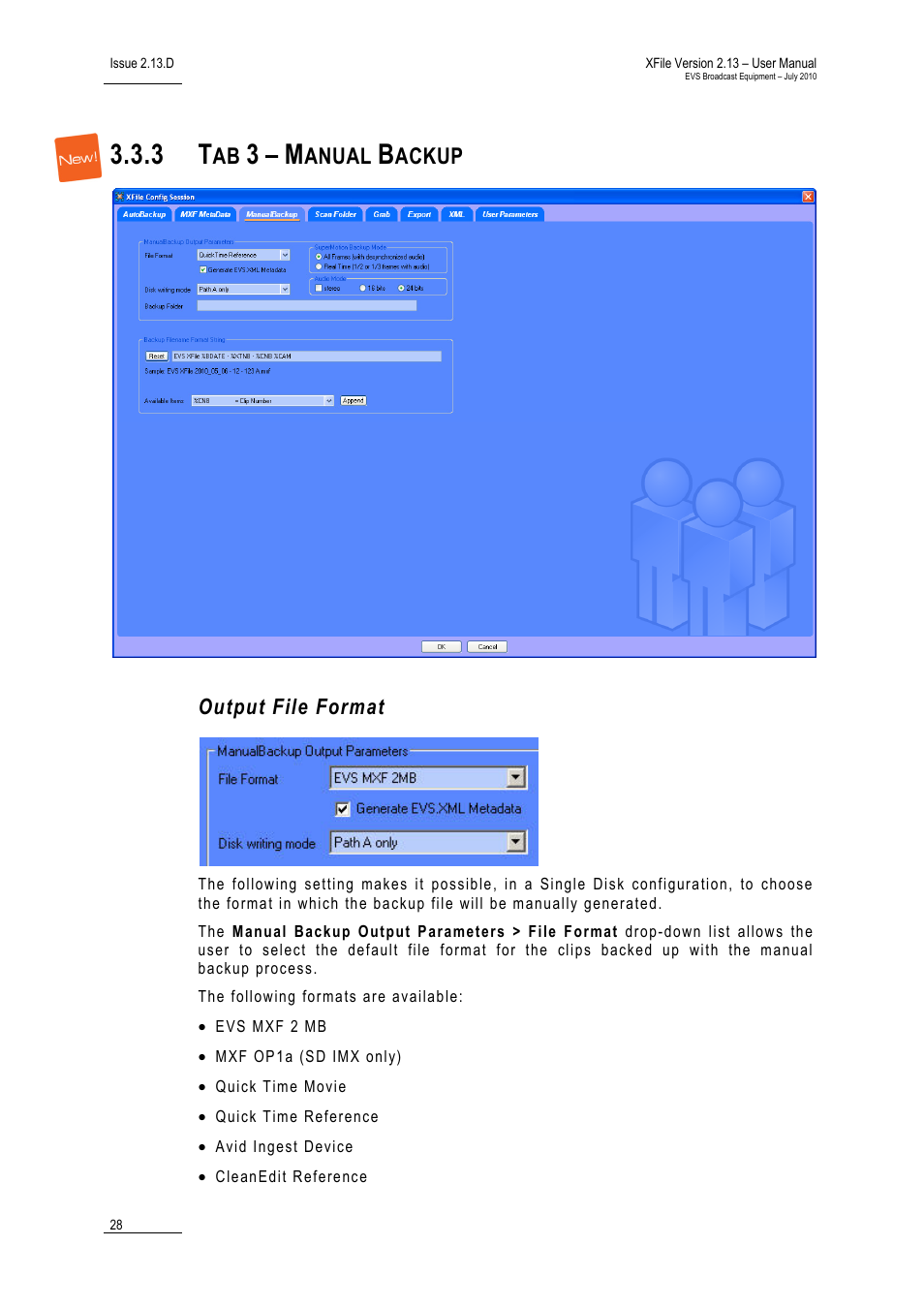 3 tab 3 – manual backup, Output file format, Tab 3 – manual backup | Tab 3 – manual backup), Tab 3 – manual backup: ou, Anual, Ackup | EVS Xfile Version 2.13 - July 2010 User Manual User Manual | Page 37 / 192