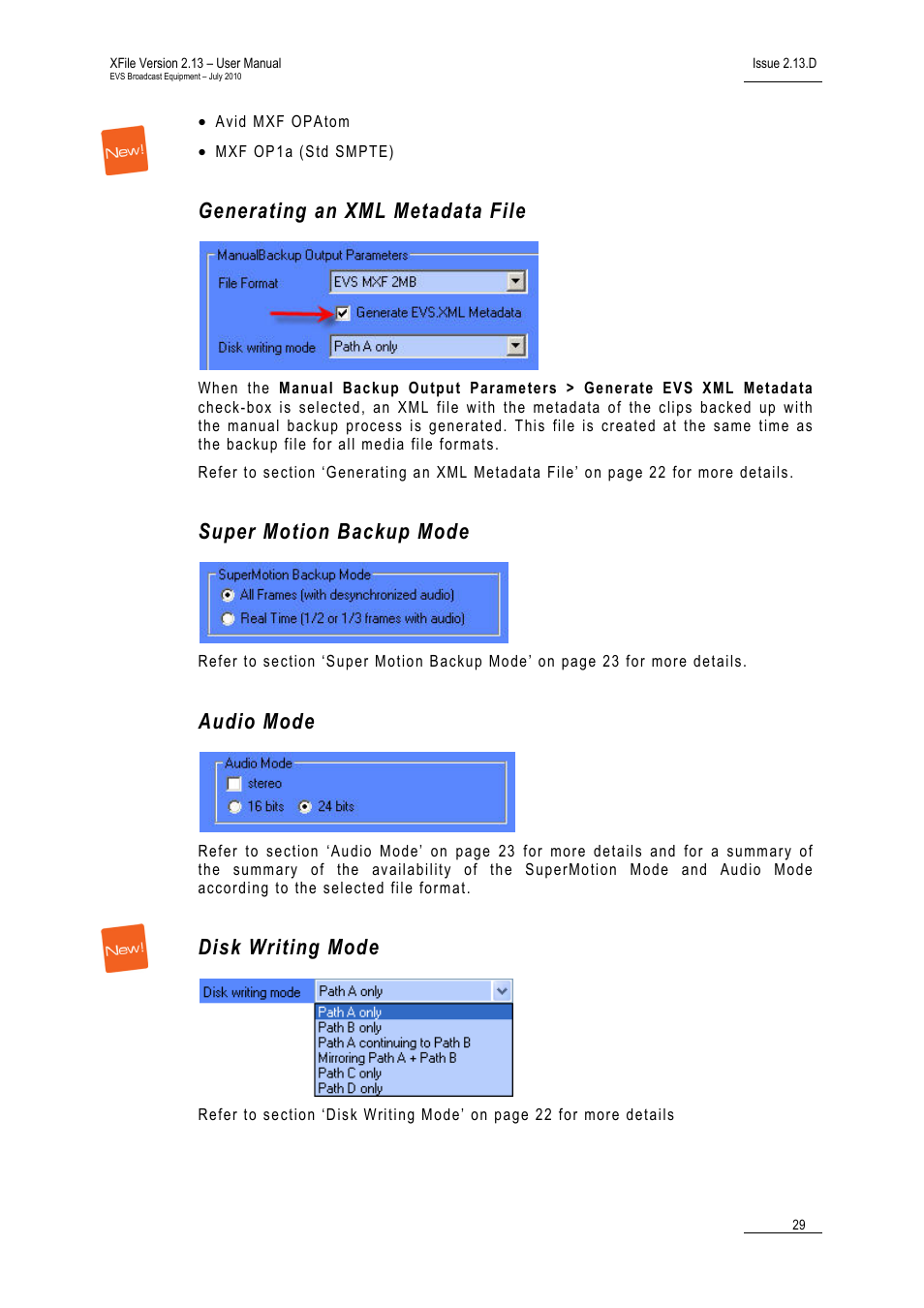 Generating an xml metadata file, Super motion backup mode, Audio mode | Disk writing mode | EVS Xfile Version 2.13 - July 2010 User Manual User Manual | Page 38 / 192