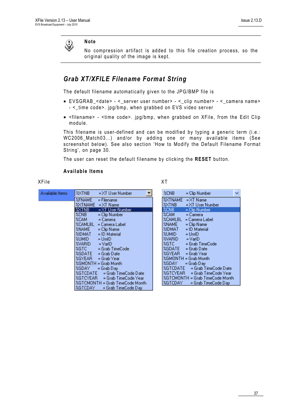 Grab xt/xfile filename format string, Available items | EVS Xfile Version 2.13 - July 2010 User Manual User Manual | Page 46 / 192