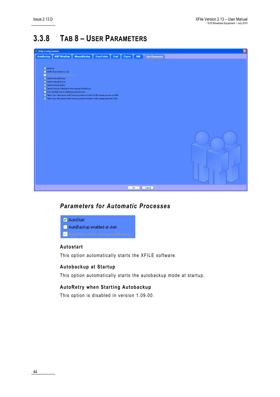 8 tab 8 – user parameters, Parameters for automatic processes, Autostart | Autobackup at startup, Autoretry when starting autobackup, Tab 8 – user parameters, Arameters | EVS Xfile Version 2.13 - July 2010 User Manual User Manual | Page 53 / 192