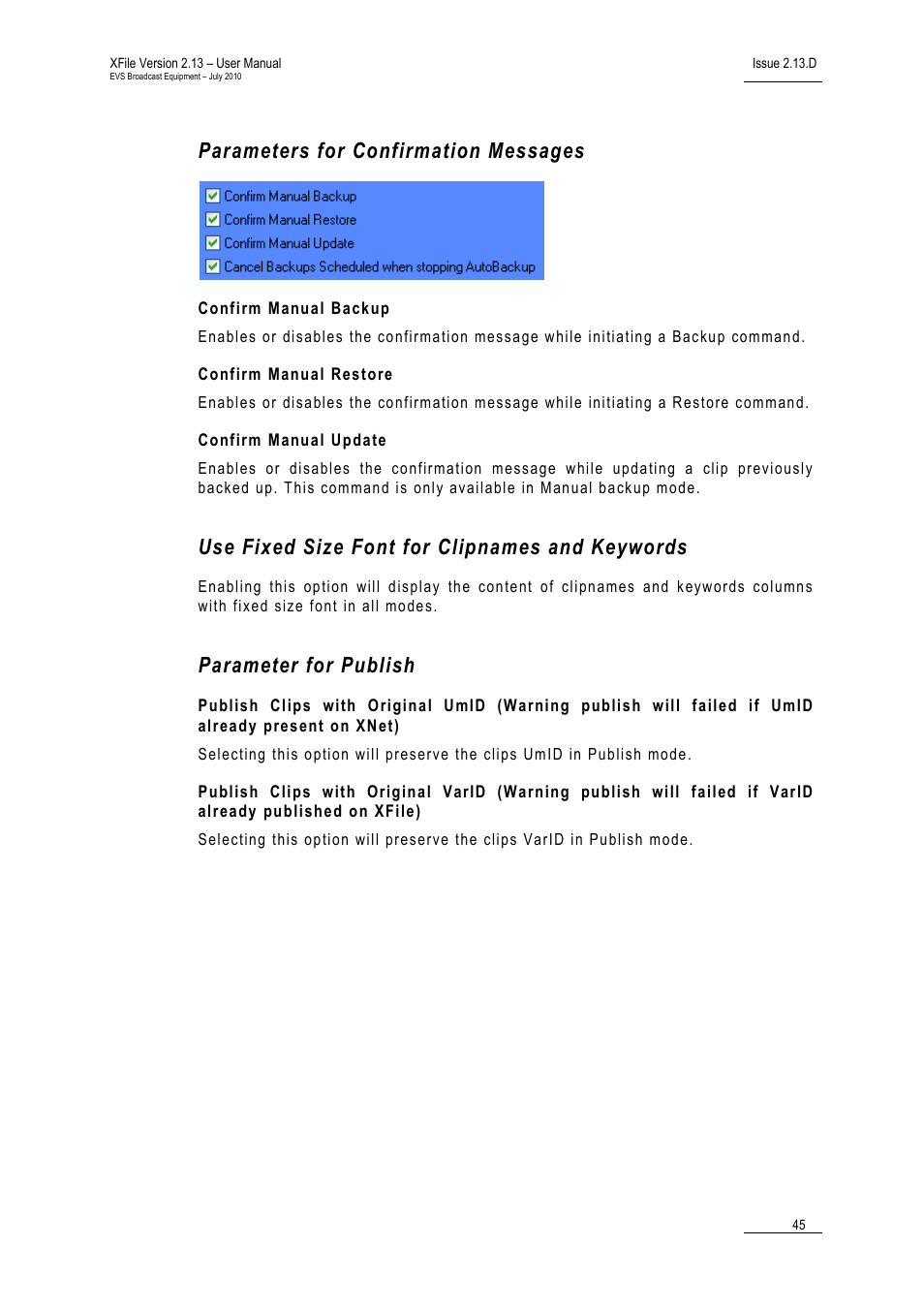 Parameters for confirmation messages, Confirm manual backup, Confirm manual restore | Confirm manual update, Use fixed size font for clipnames and keywords, Parameter for publish | EVS Xfile Version 2.13 - July 2010 User Manual User Manual | Page 54 / 192