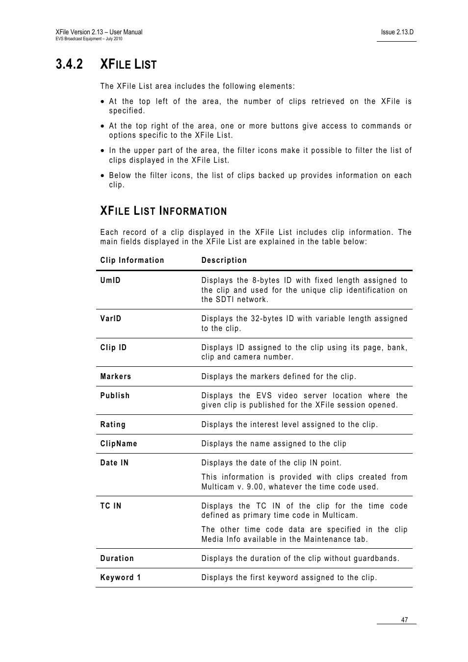 2 xfile list, Xfile list information, Xfile list | 2 xf | EVS Xfile Version 2.13 - July 2010 User Manual User Manual | Page 56 / 192