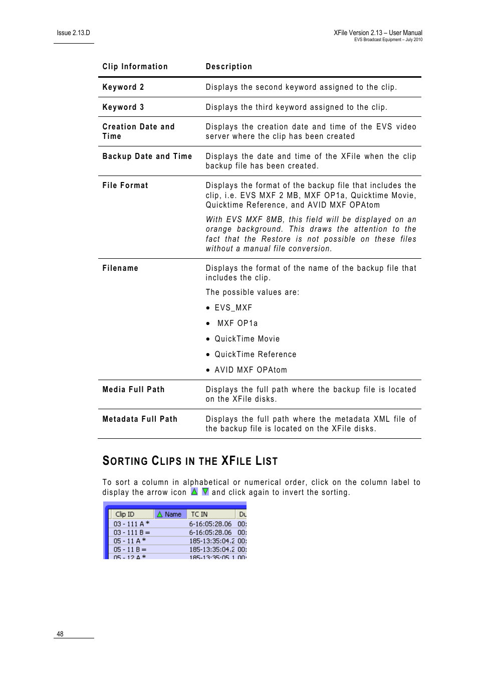 Sorting clips in the xfile list | EVS Xfile Version 2.13 - July 2010 User Manual User Manual | Page 57 / 192