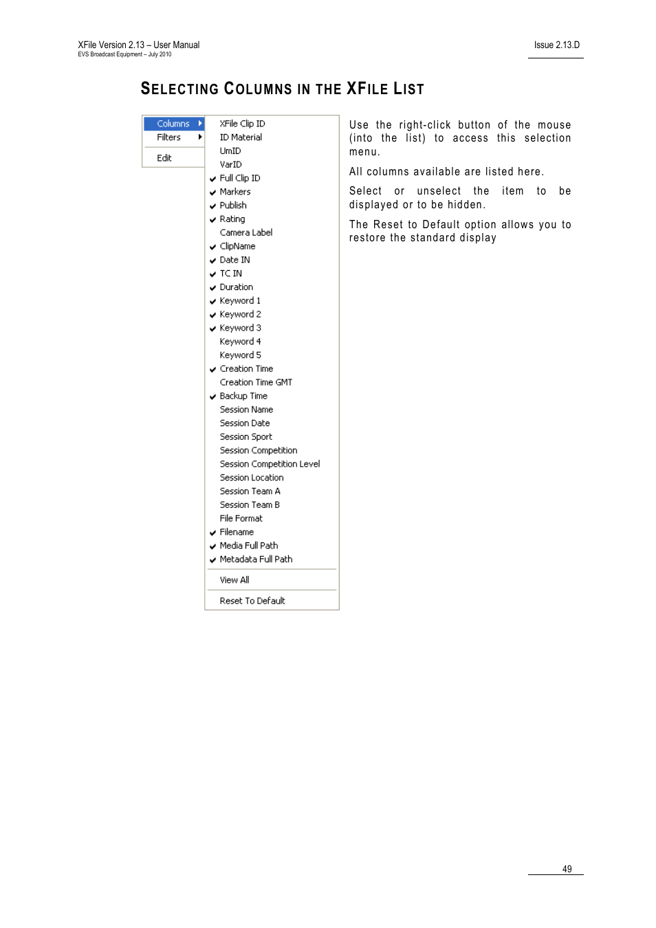 Selecting columns in the xfile list | EVS Xfile Version 2.13 - July 2010 User Manual User Manual | Page 58 / 192