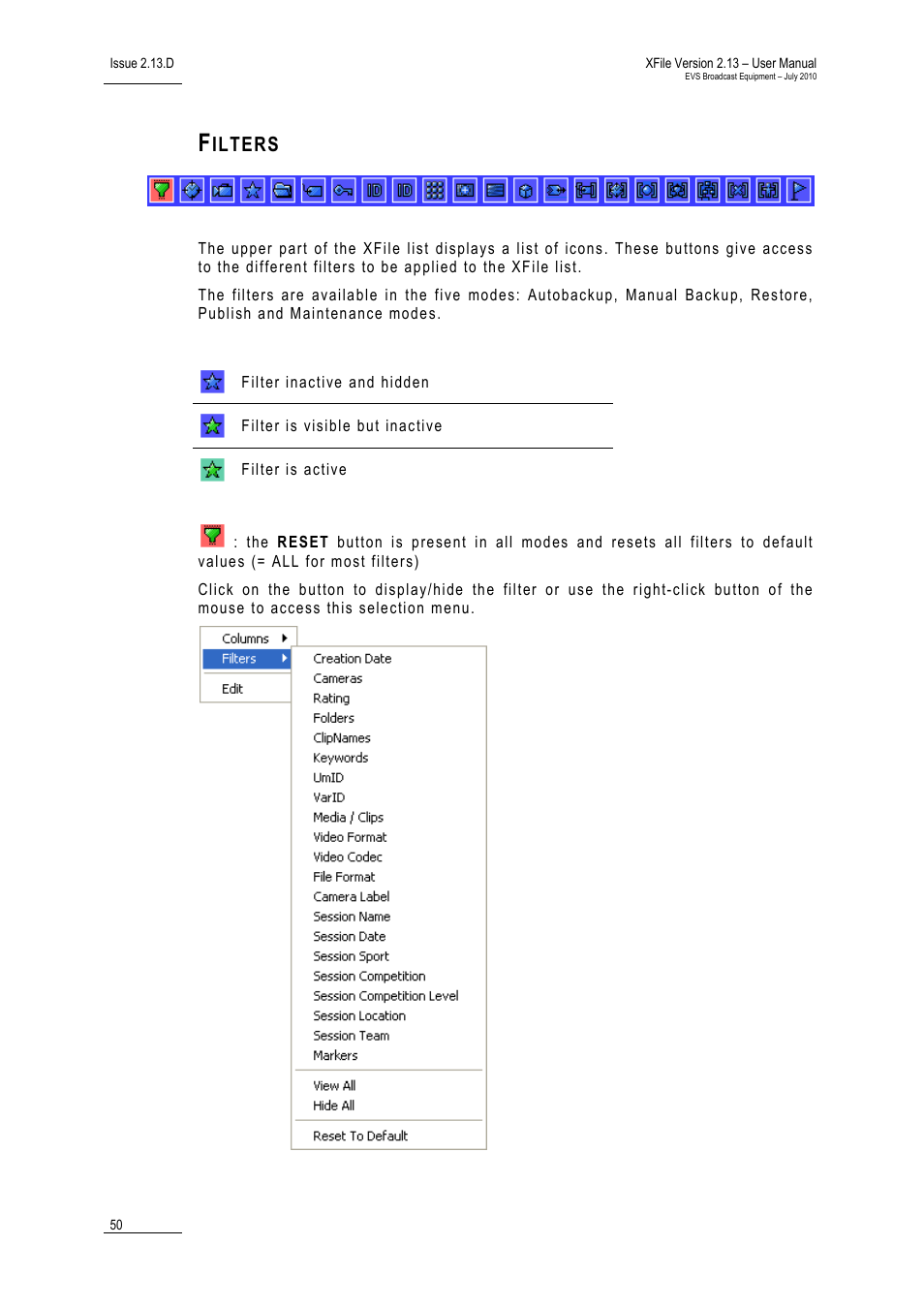 Filters, Ilters | EVS Xfile Version 2.13 - July 2010 User Manual User Manual | Page 59 / 192
