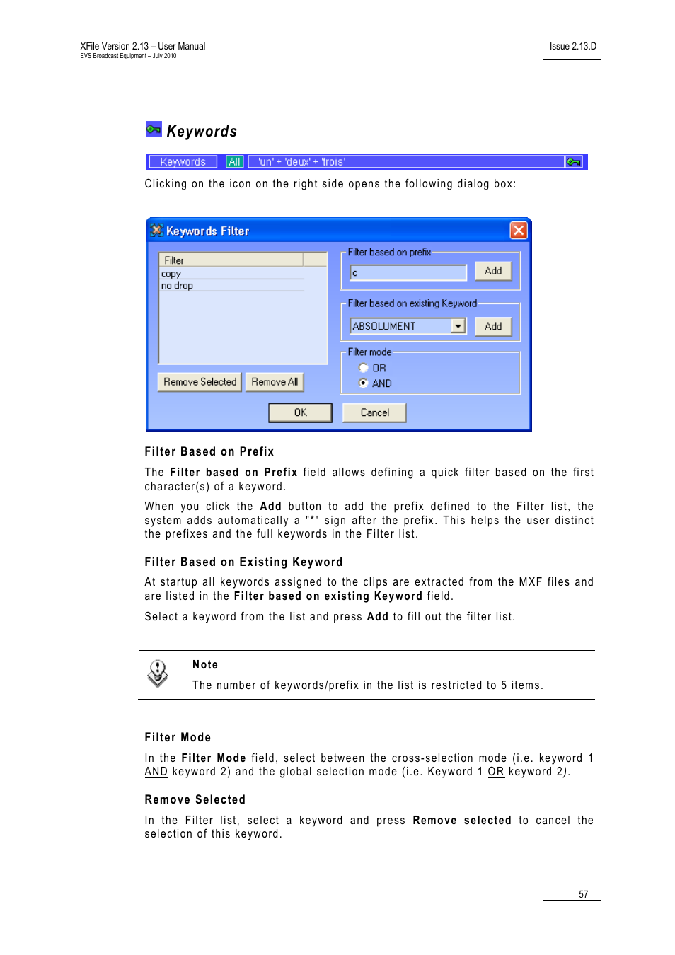 Keywords, Filter based on prefix, Filter based on existing keyword | Filter mode, Remove selected | EVS Xfile Version 2.13 - July 2010 User Manual User Manual | Page 66 / 192