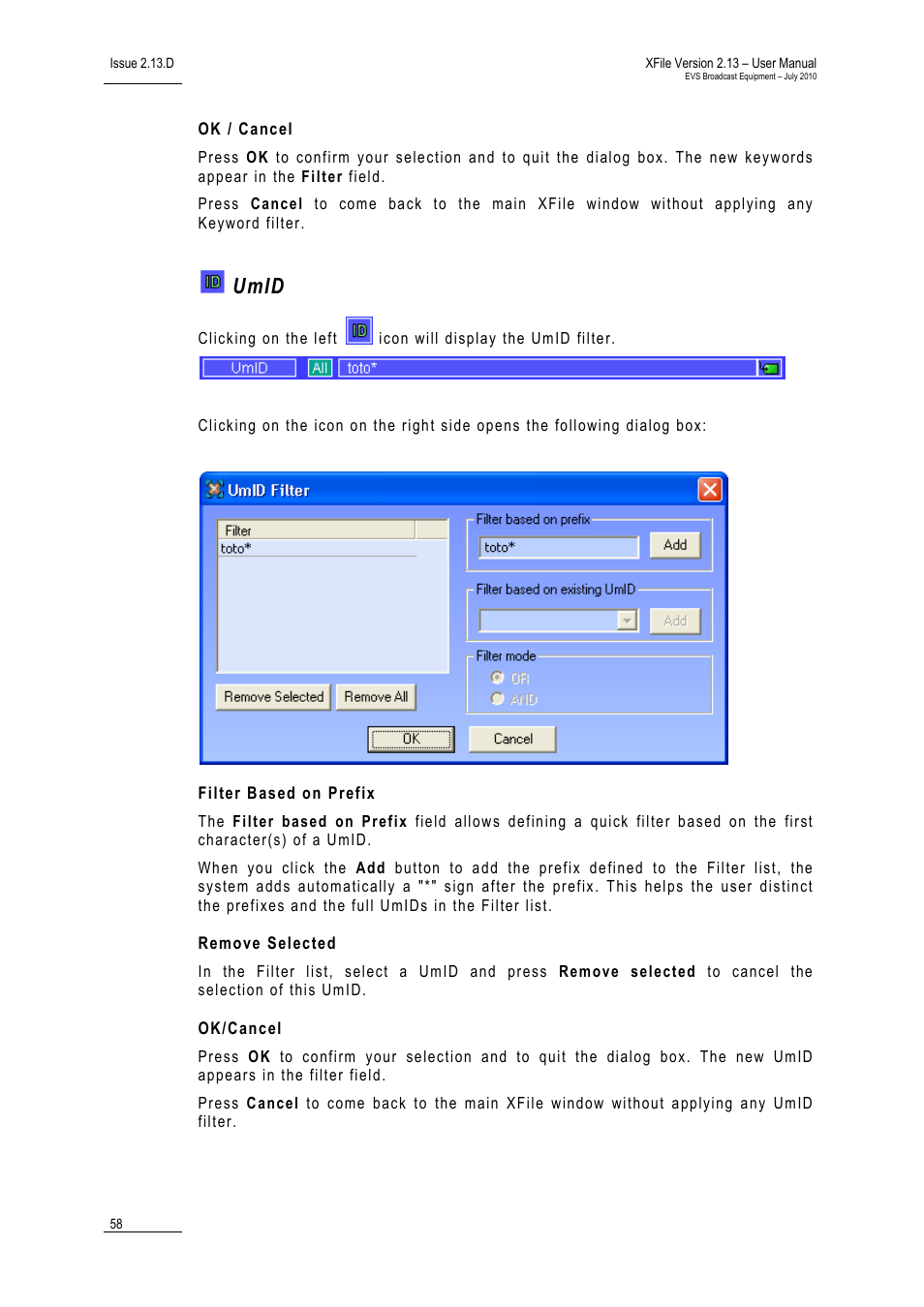 Ok / cancel, Umid, Filter based on prefix | Remove selected, Ok/cancel | EVS Xfile Version 2.13 - July 2010 User Manual User Manual | Page 67 / 192